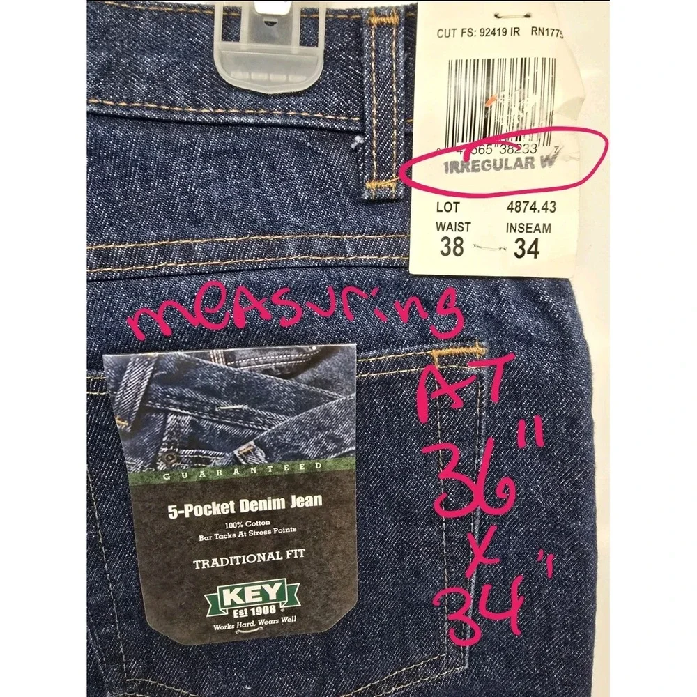 New Key Denim 5 Pocket Classic Traditional Jeans Mens 36x34 Blue 4874.43